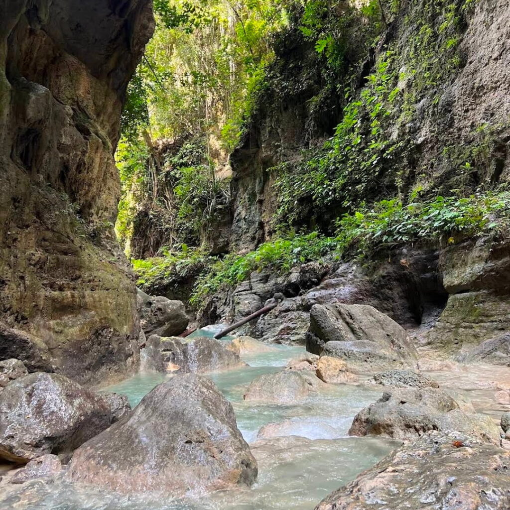 Limestone Canyon at Kawasan Canyoneering in Badian, Cebu Towering limestone cliffs and a crystal-clear river along the Kawasan Canyoneering trail in Badian, Cebu.