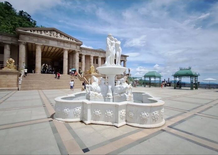 The grand courtyard, white fountain, and Roman-inspired architecture of the Temple of Leah in Cebu City.