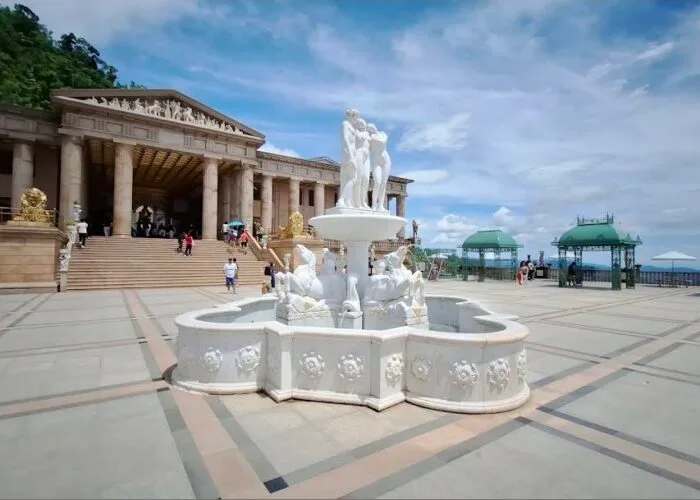 The grand courtyard, white fountain, and Roman-inspired architecture of the Temple of Leah in Cebu City.